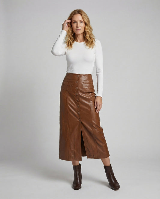 Damen Midirock Veganleder Knopfleiste Schwarz - Eveloria