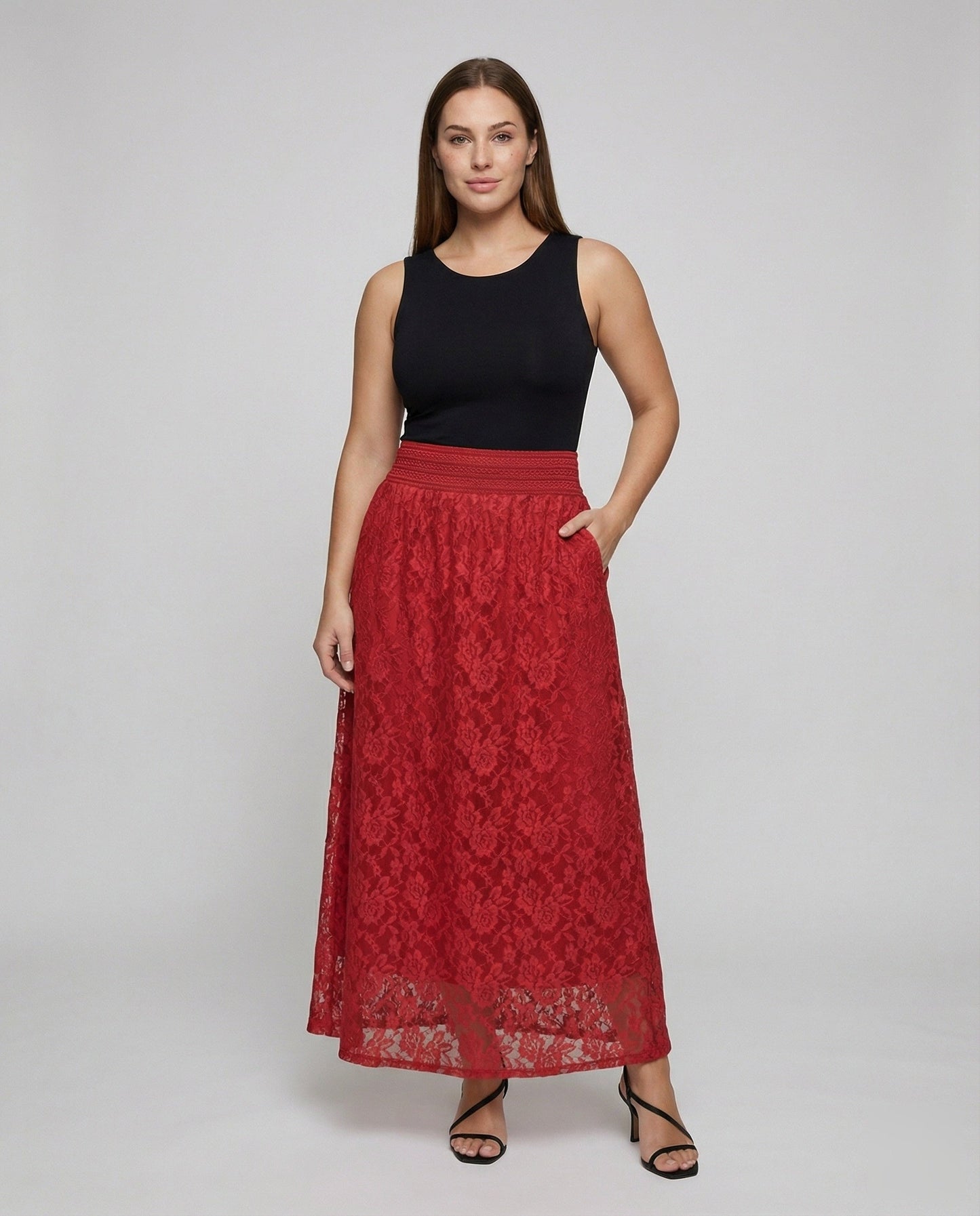 Damen Maxirock Spitze Flechtbund Schwarz - Eveloria