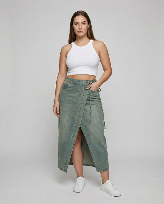 Damen Wickelrock Jeans Maxilänge mit Beinschlitz - Eveloria
