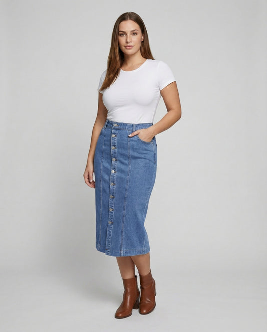 Damen Midirock Vintage Denim Blau - Eveloria
