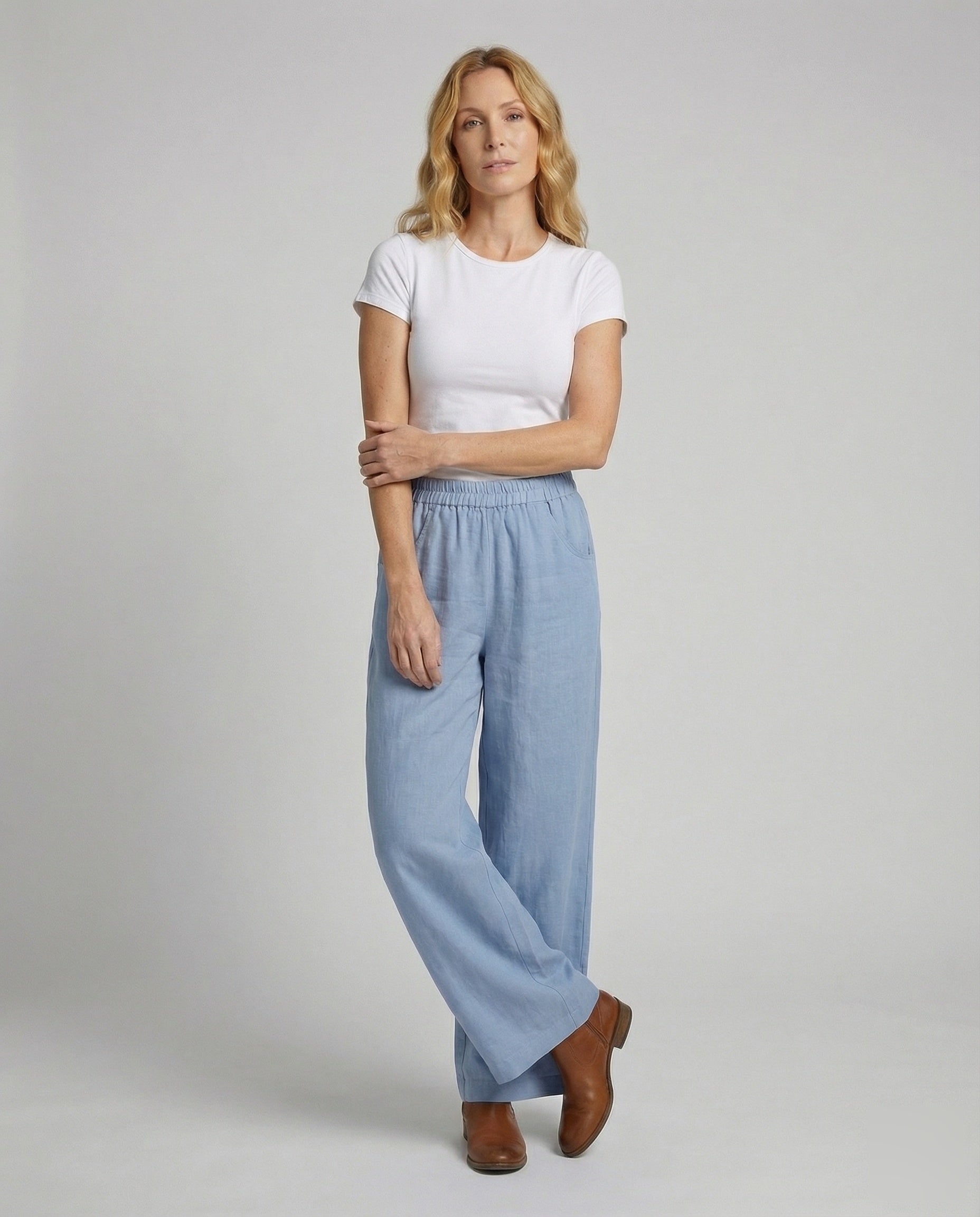 Damen Leinenhose Weite Bein mit Eingriffstaschen Beige - Eveloria