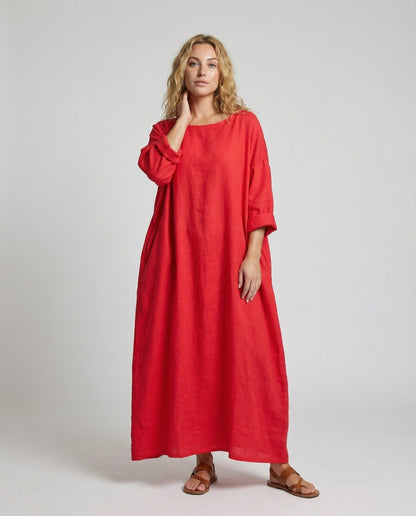 Damen Leinenkleid Bodenlang Ballonsaum - Eveloria
