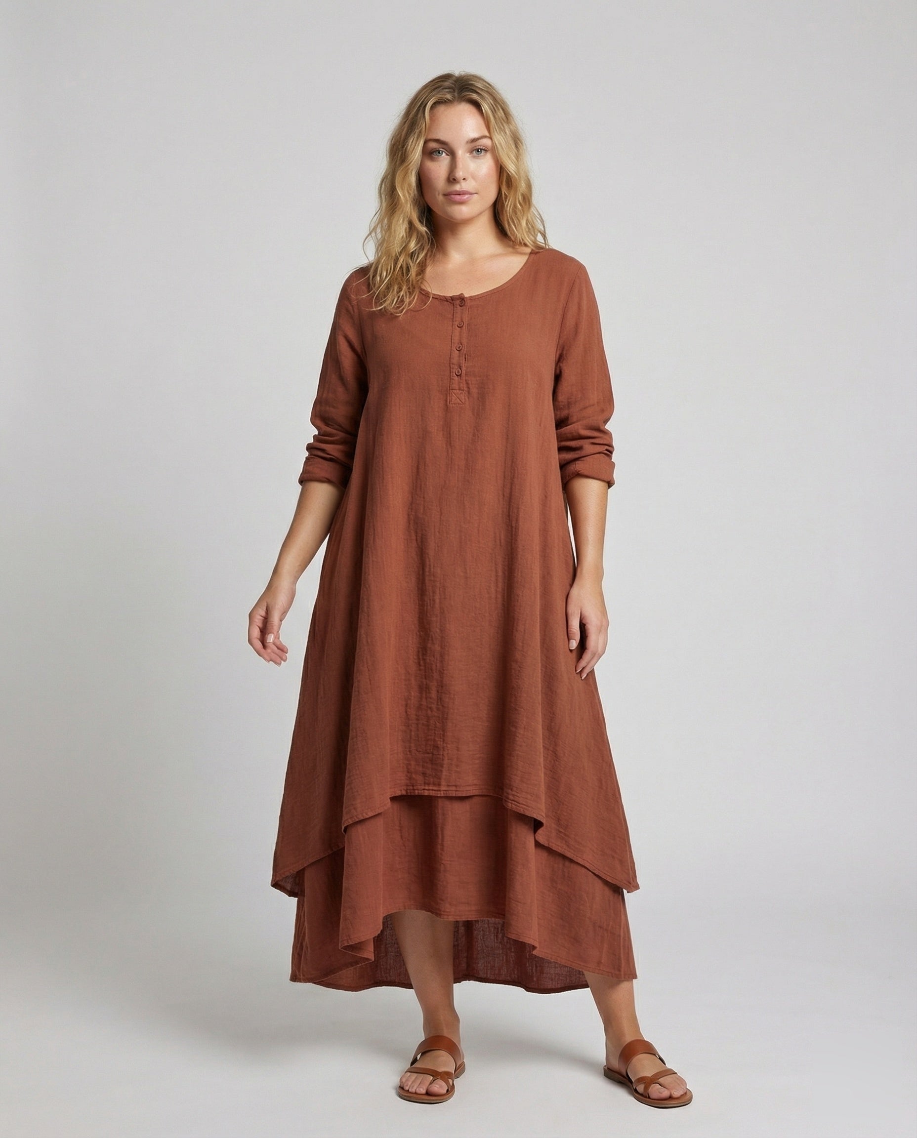 Damen Maxikleid Leinenoptik Zweilagig - Eveloria