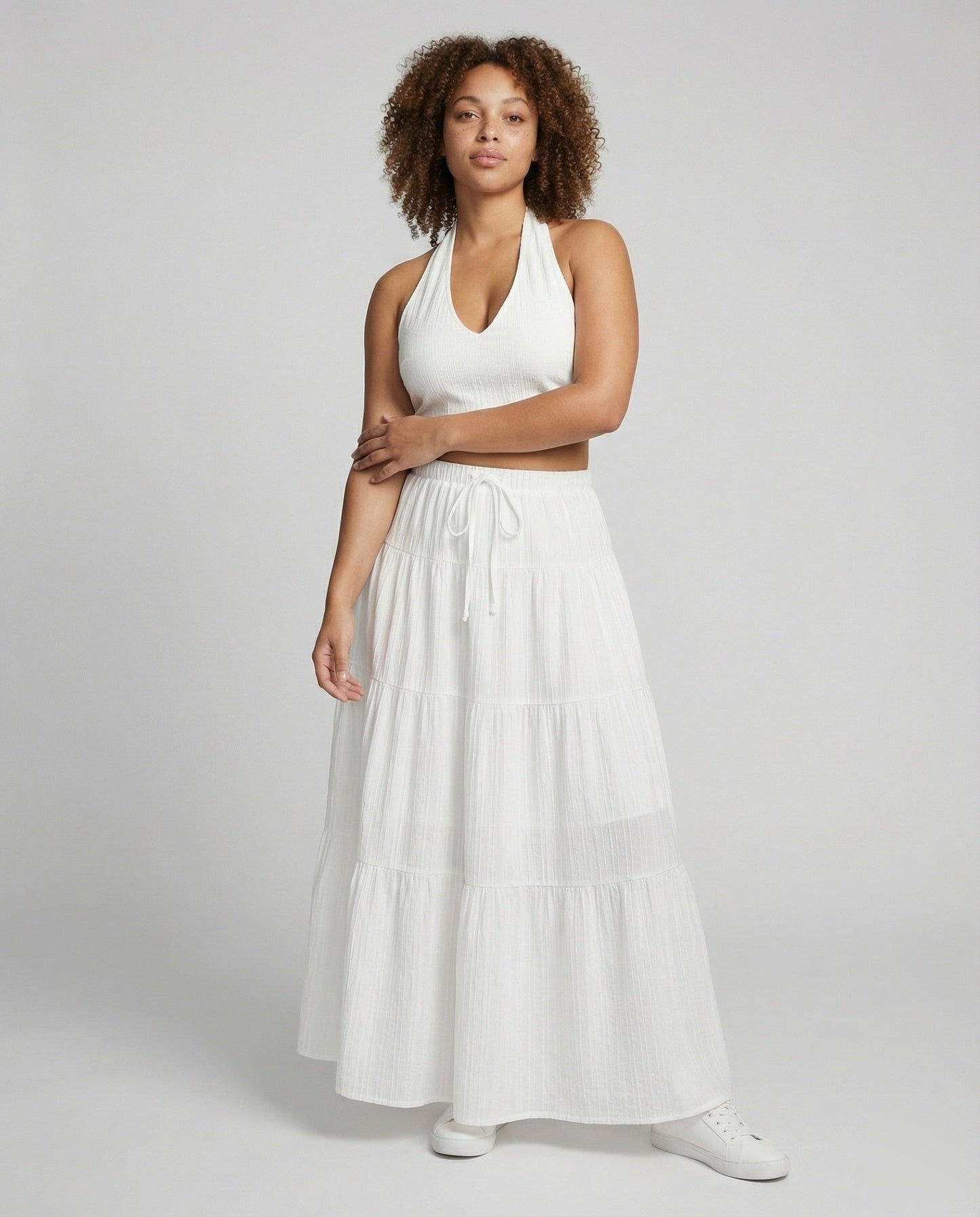 Damen Midriff-Set Plissee-Maxirock - Eveloria