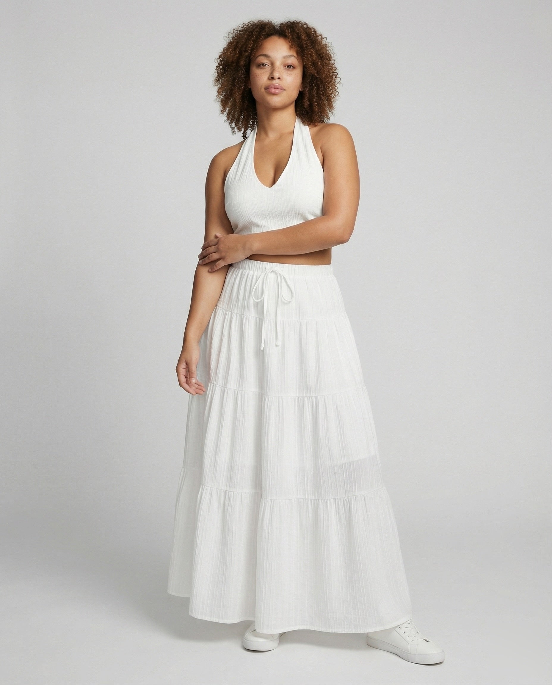 Damen Midriff-Set Plissee-Maxirock - Eveloria