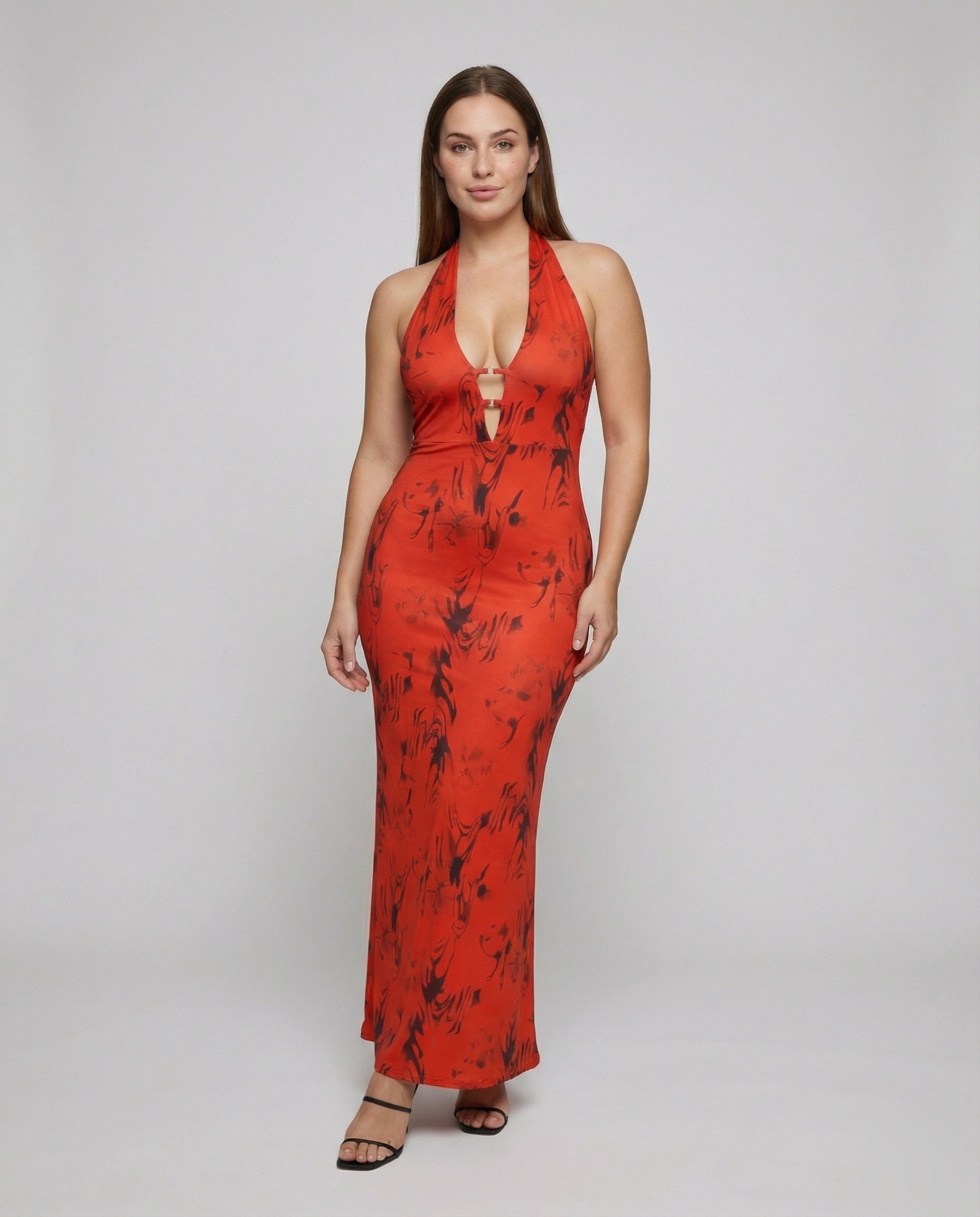 Damen Maxikleid Neckholder Zierösen Vorderseite - Eveloria