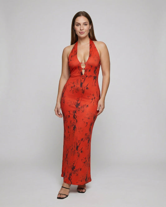 Damen Maxikleid Neckholder Zierösen Vorderseite - Eveloria