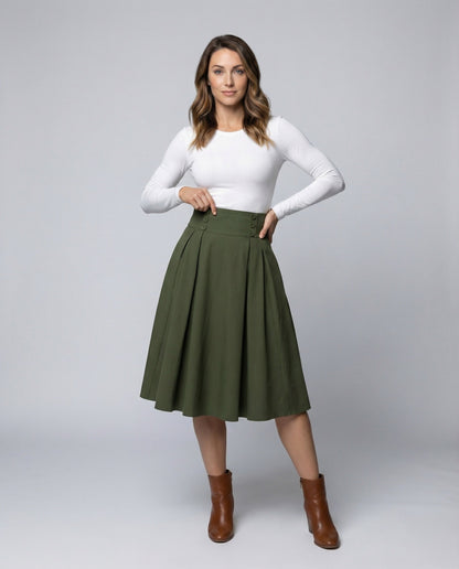 Damen Vintage Tellerrock Kellerfalten Midi Schwarz - Eveloria
