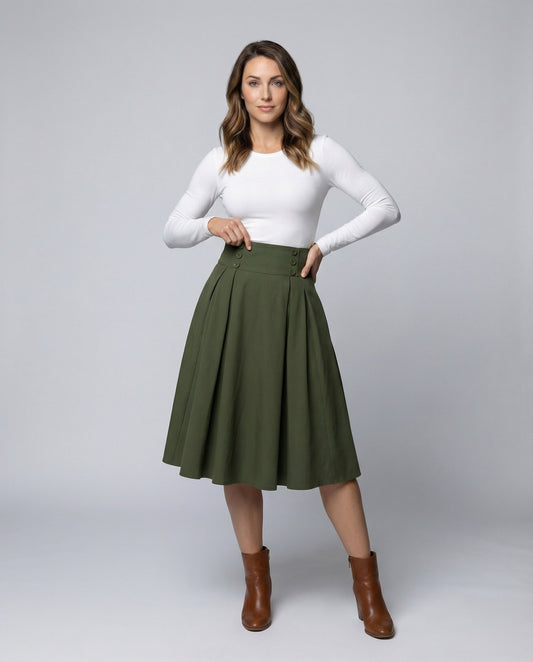 Damen Vintage Tellerrock Kellerfalten Midi Schwarz - Eveloria