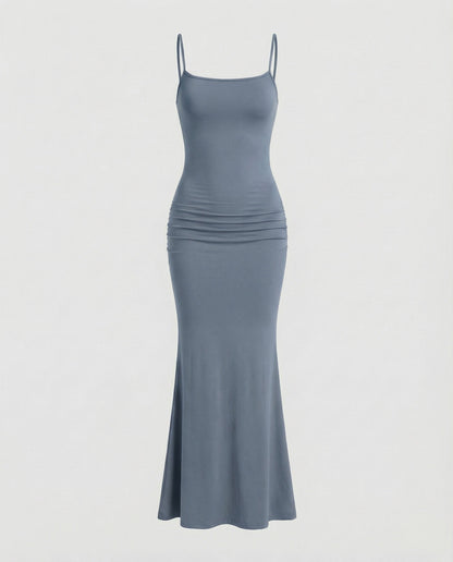 Damen Maxikleid Eckiger Ausschnitt Trompetensaum