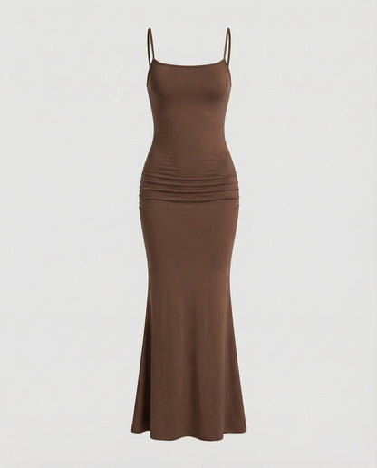 Damen Maxikleid Eckiger Ausschnitt Trompetensaum