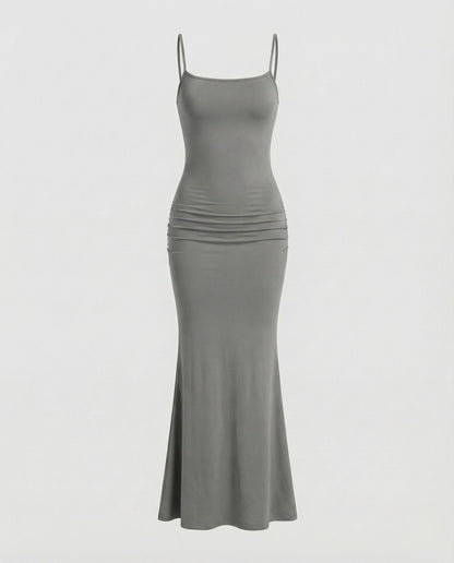 Damen Maxikleid Eckiger Ausschnitt Trompetensaum