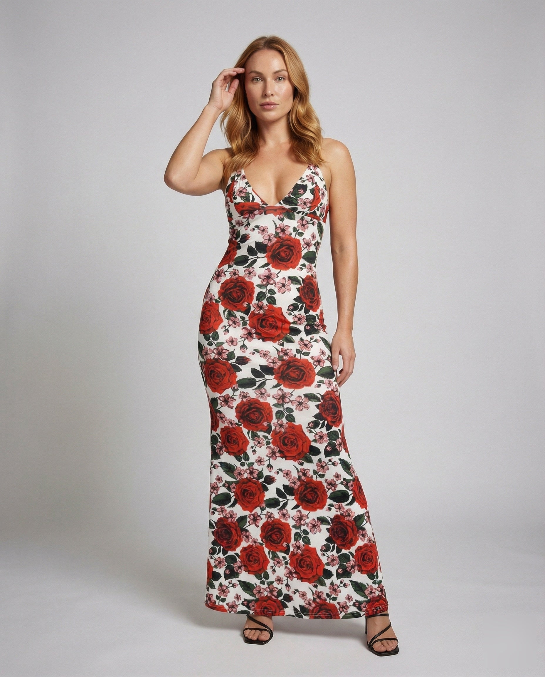 Damen Maxikleid Rosenmuster Spaghettiträger - Eveloria