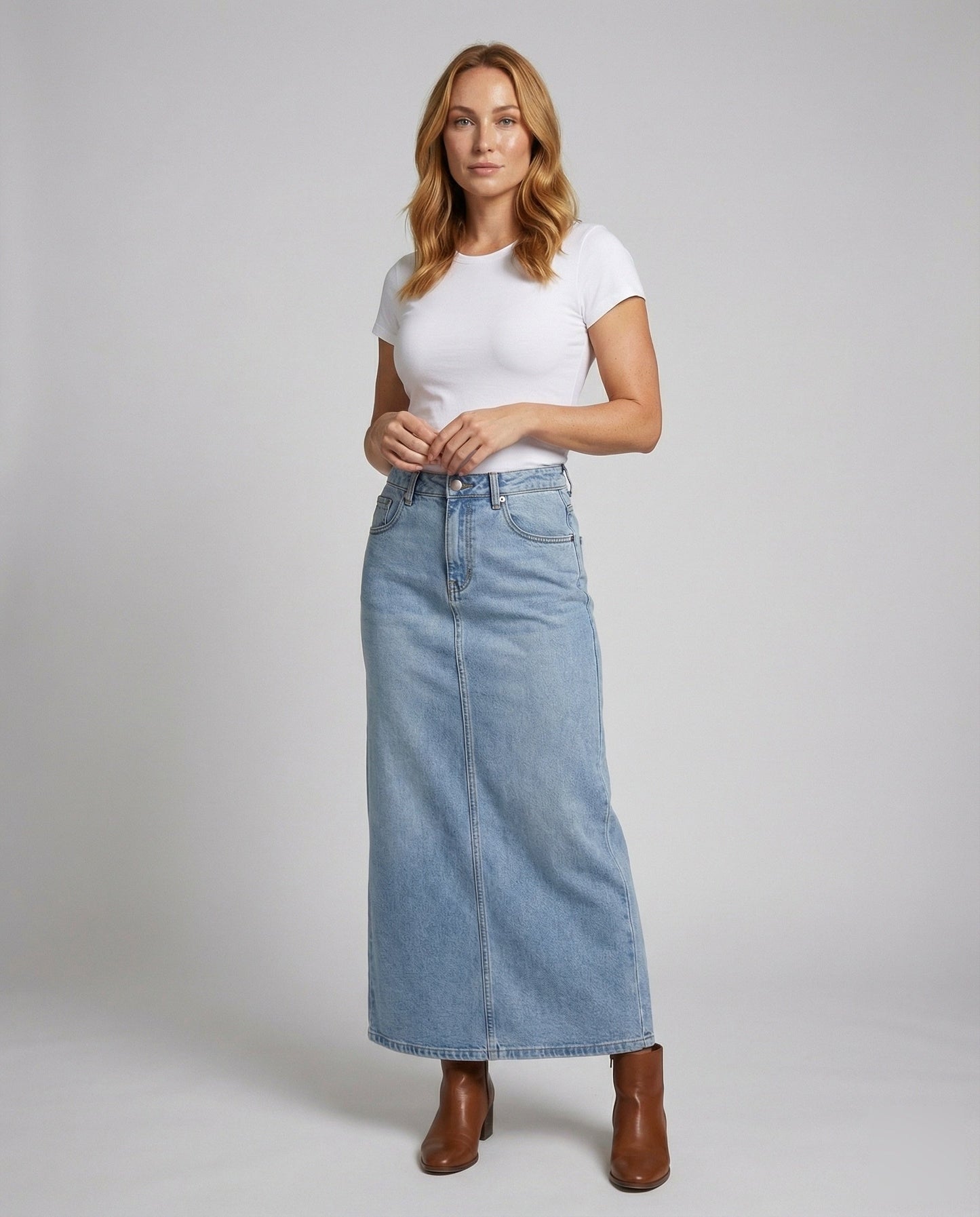 Damen Midirock Schmal Denim Mittelnaht - Eveloria