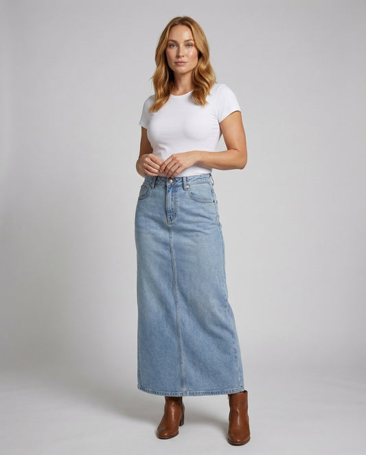Damen Midirock Schmal Denim Mittelnaht - Eveloria
