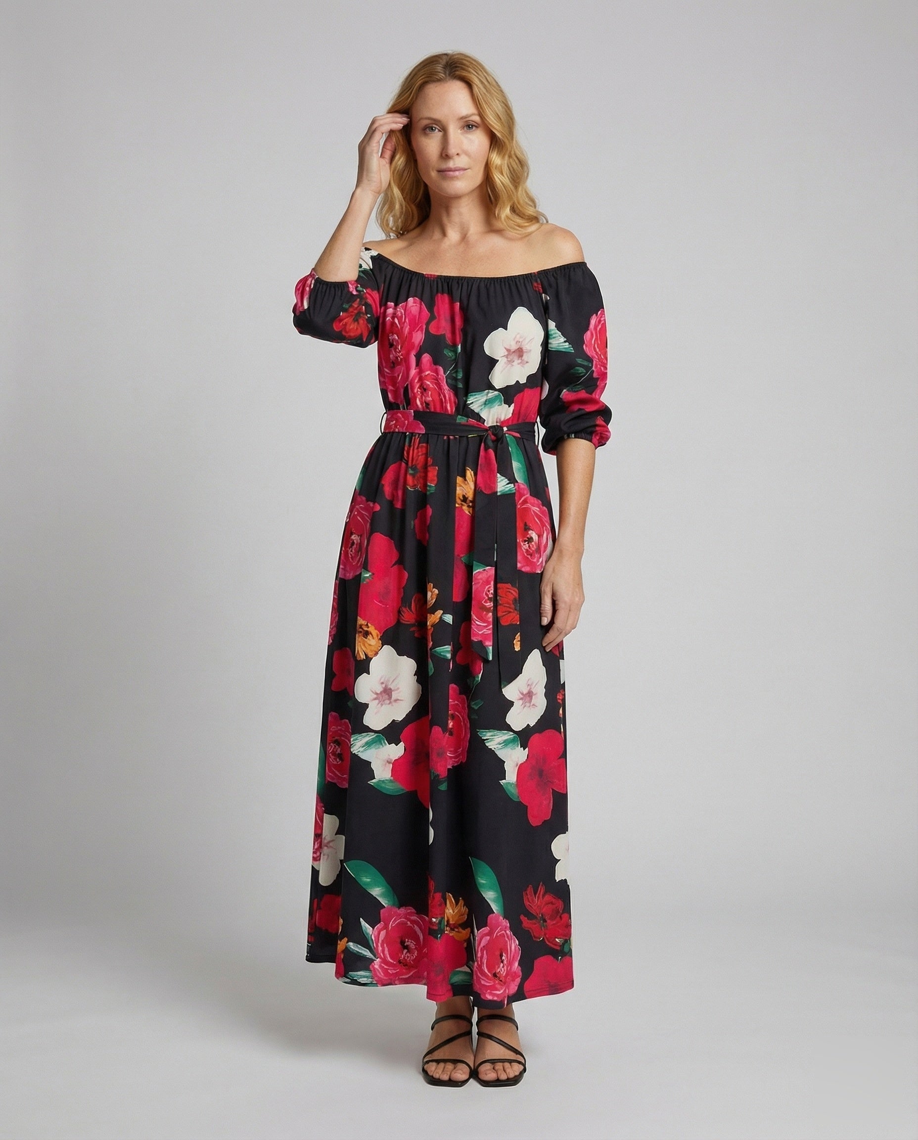 Damen Maxikleid Schulterfrei Balloonärmel - Eveloria