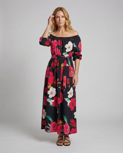 Damen Maxikleid Schulterfrei Balloonärmel - Eveloria