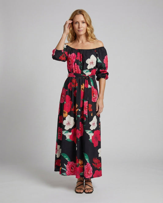 Damen Maxikleid Schulterfrei Balloonärmel - Eveloria