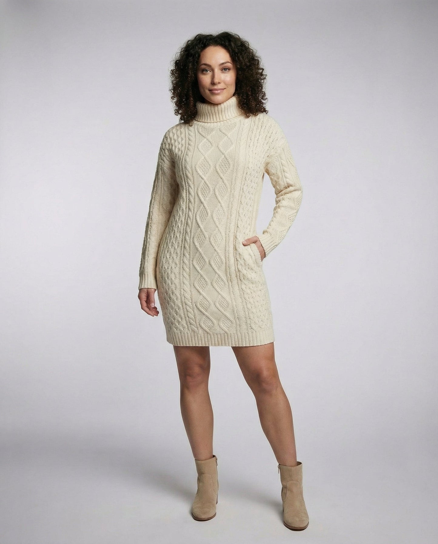 Beiges Damen Midikleid Weiches Strick