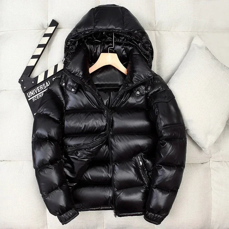 Herren Pufferjacke Kurz Mit Kapuze Glänzend Schwarz - Eveloria