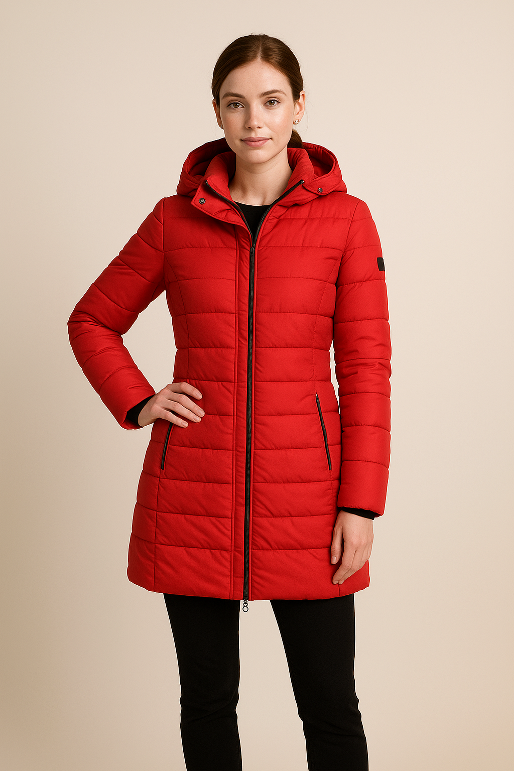 Damen Pufferjacke Wasserabweisend Lang Gesteppt Schwarz - Eveloria