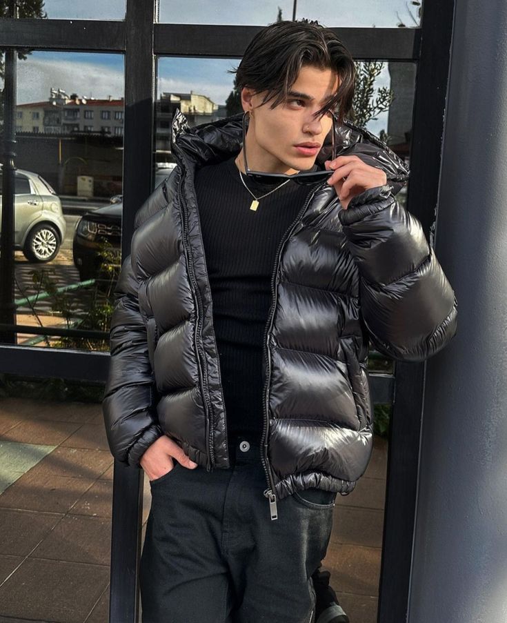 Herren Pufferjacke Glänzend Winterjacke Mit Kapuze - Eveloria