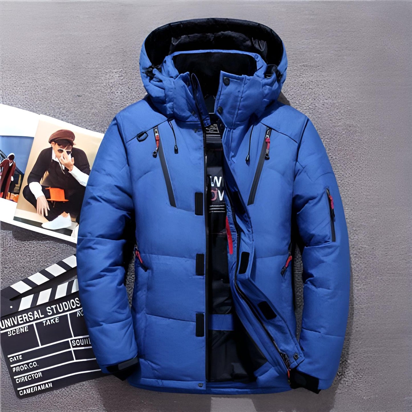 Pufferjacke - Warme Winter-Daunenjacke mit Kapuze und Reißverschluss für Männer-Blau-M-Chaps Herrenmode