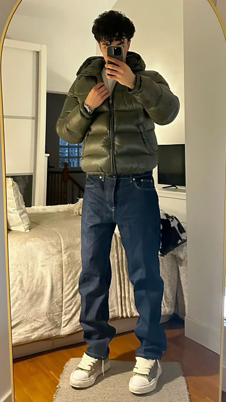 Pufferjacke – Warme Winterjacke mit Kapuze für Herren-Armeegrün-S-Chaps Herrenmode