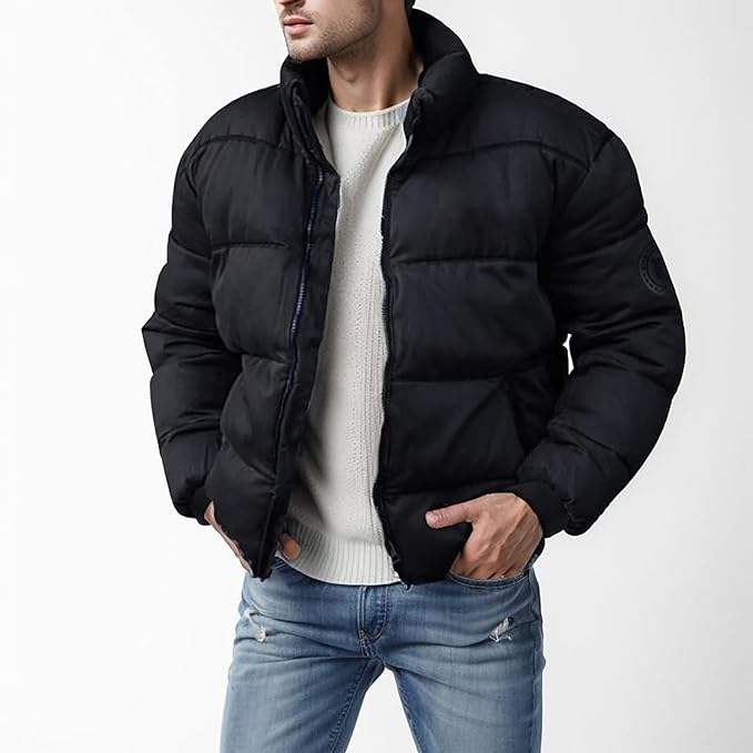 Herren Winterjacke Warm Wattiert Reißverschluss Schwarz - Eveloria