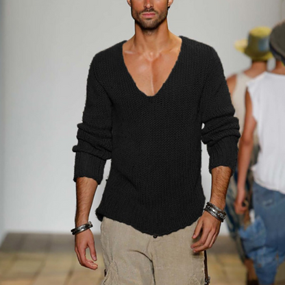 Pullover mit V-Ausschnitt - Casual - Langarm - Strickpullover - Herrenbekleidung-Schwarz-S-Chaps Herrenmode