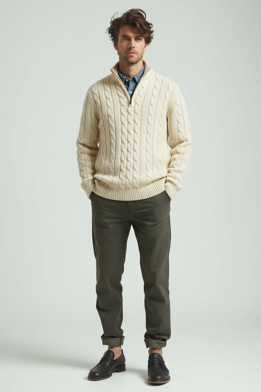 Herren Strickpullover Viertel-Reißverschluss Zopfstrick Normal - Eveloria