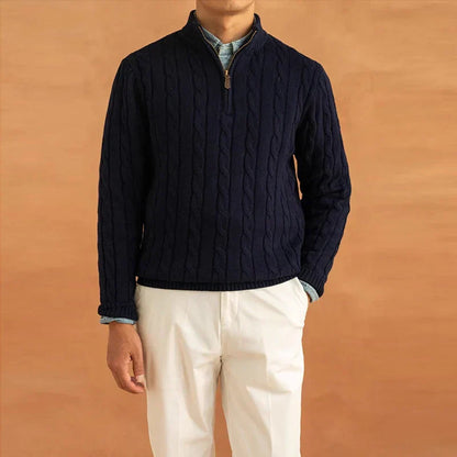 Pullover mit Viertel-Reißverschluss | Zopfstrick | Normale Passform | Strickpullover | Herren Pullover mit Halb-Reißverschluss-Marineblau-M-Chaps Herrenmode