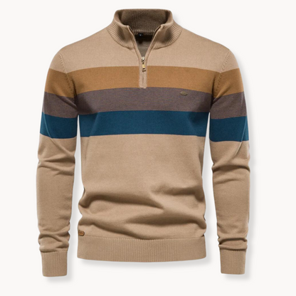Pullover mit Viertelreißverschluss | Gestreift | Schmal geschnitten | Strickpullover | Herren-Pullover mit halbem Reißverschluss-Khaki-S-Chaps Herrenmode
