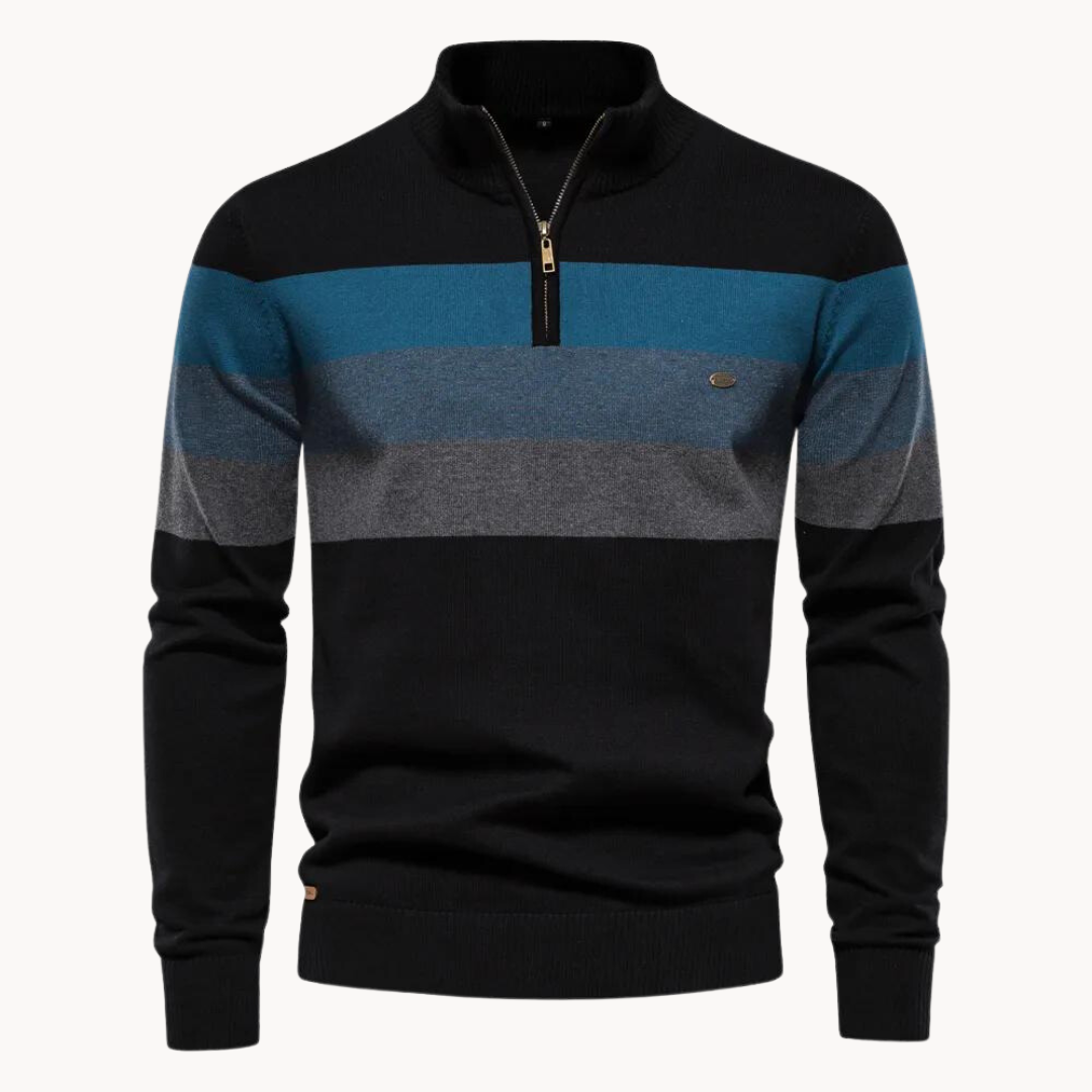Pullover mit Viertelreißverschluss | Gestreift | Schmal geschnitten | Strickpullover | Herren-Pullover mit halbem Reißverschluss-Schwarz-S-Chaps Herrenmode