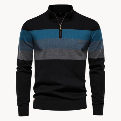 Pullover mit Viertelreißverschluss | Gestreift | Schmal geschnitten | Strickpullover | Herren-Pullover mit halbem Reißverschluss-Schwarz-S-Chaps Herrenmode