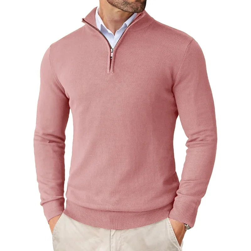Pullover mit Viertelreißverschluss | Gestrickt | Halbreißverschluss | Polo-Pullover | Herren-Pullover mit Viertelreißverschluss-Rosa-S-Chaps Herrenmode