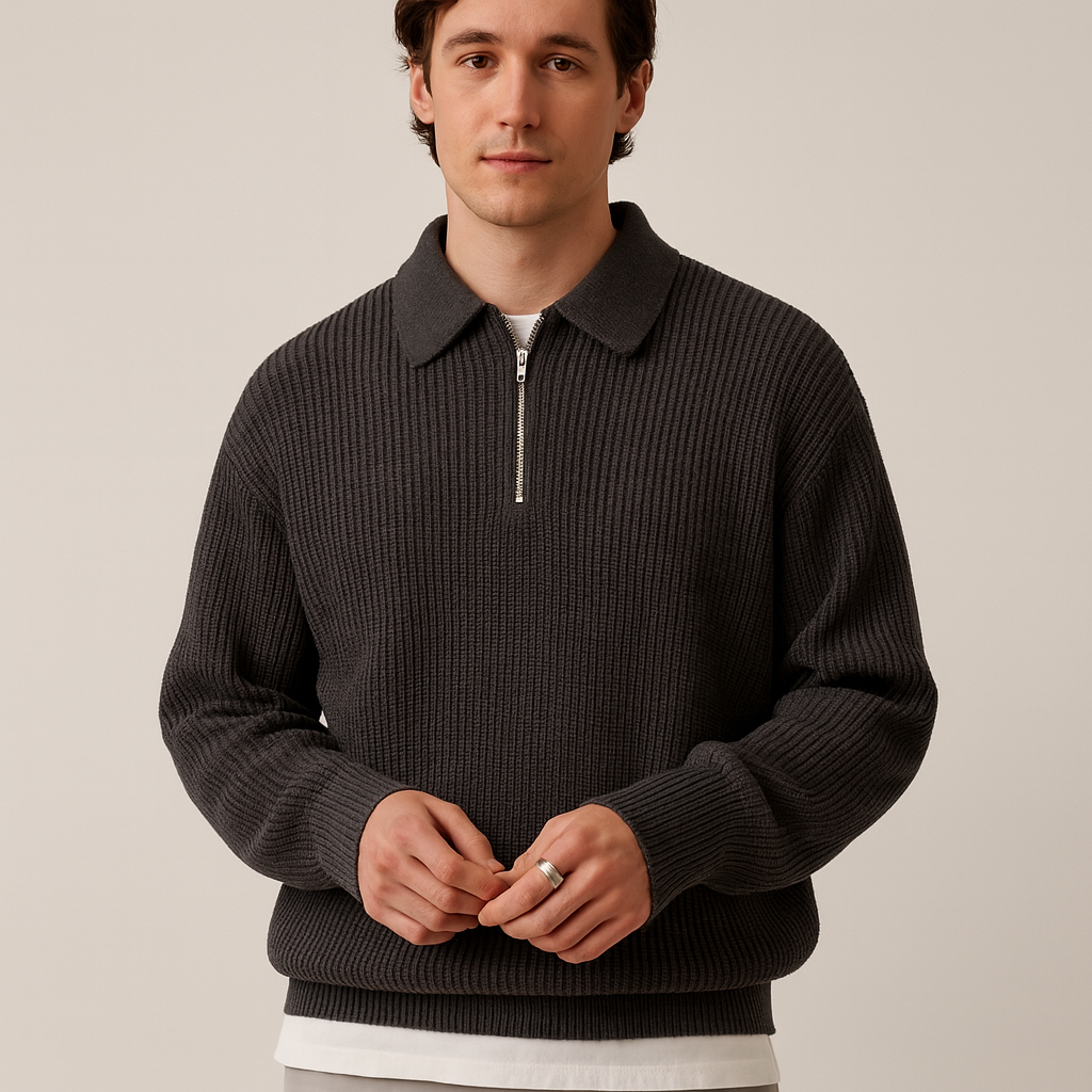 Herren Pullover Mit Viertelreißverschluss Kragen Gestrickt - Eveloria