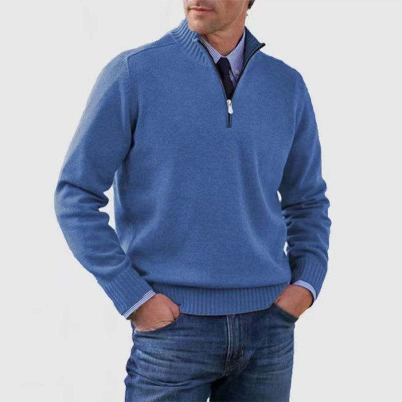 Pullover mit Viertelreißverschluss – Gestrickt – Pullover – Polopullover – Herrenpullover mit halbem Reißverschluss-Blau-M-Chaps Herrenmode