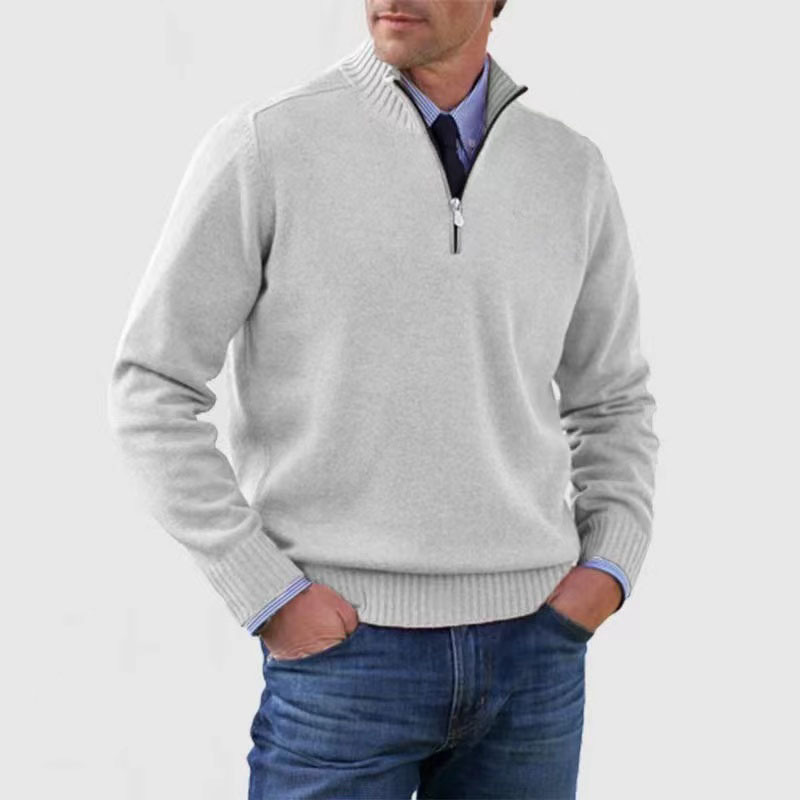 Pullover mit Viertelreißverschluss – Gestrickt – Pullover – Polopullover – Herrenpullover mit halbem Reißverschluss-Weiß-M-Chaps Herrenmode