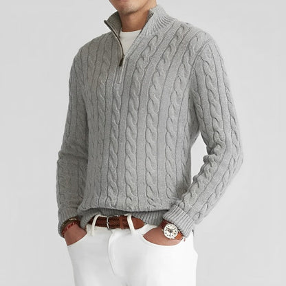 Pullover mit Viertelreißverschluss | Gestrickt | Zopfmuster | Pullover mit halbem Reißverschluss | Herrenpullover-Grau-M-Chaps Herrenmode