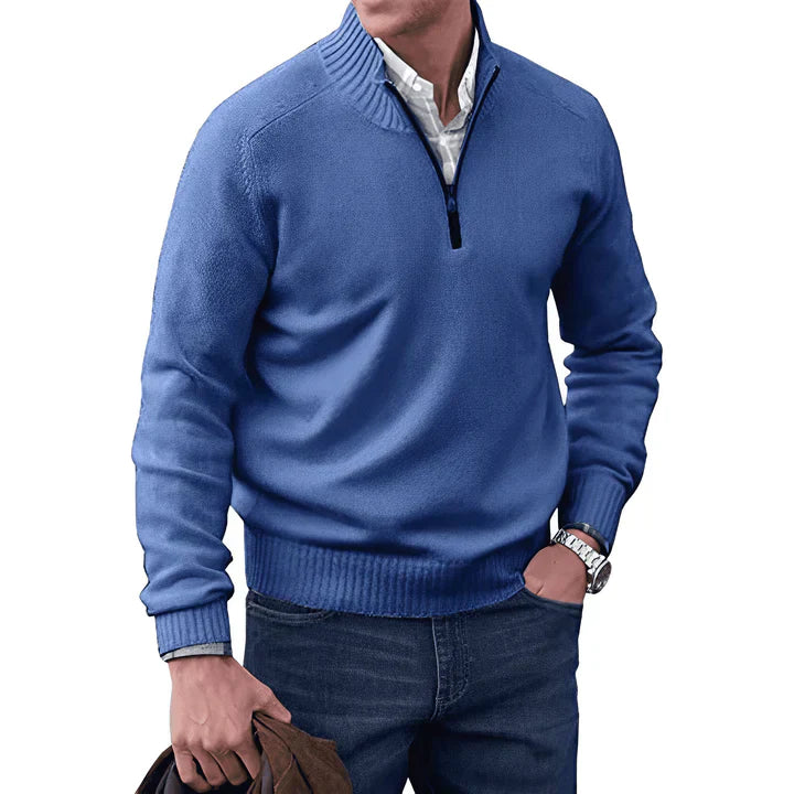 Pullover mit Viertelreißverschluss – Langarm – Gestrickt – Kaschmirpullover – Herrenpullover mit halbem Reißverschluss-Blau-S-Chaps Herrenmode