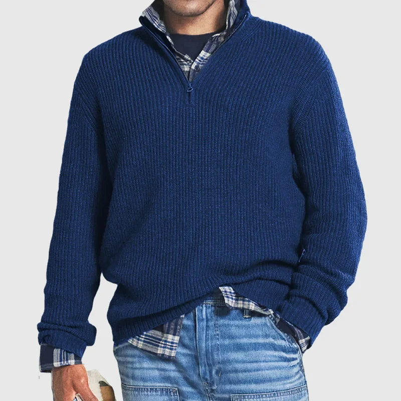 Herren Pullover Viertelreißverschluss Rippstrick Lässig Grau - Eveloria