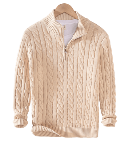 Pullover mit Viertelreißverschluss – Zopfmuster – Halbreißverschluss – Strickpullover – Herrenpullover mit Viertelreißverschluss-Beige-XS-Chaps Herrenmode