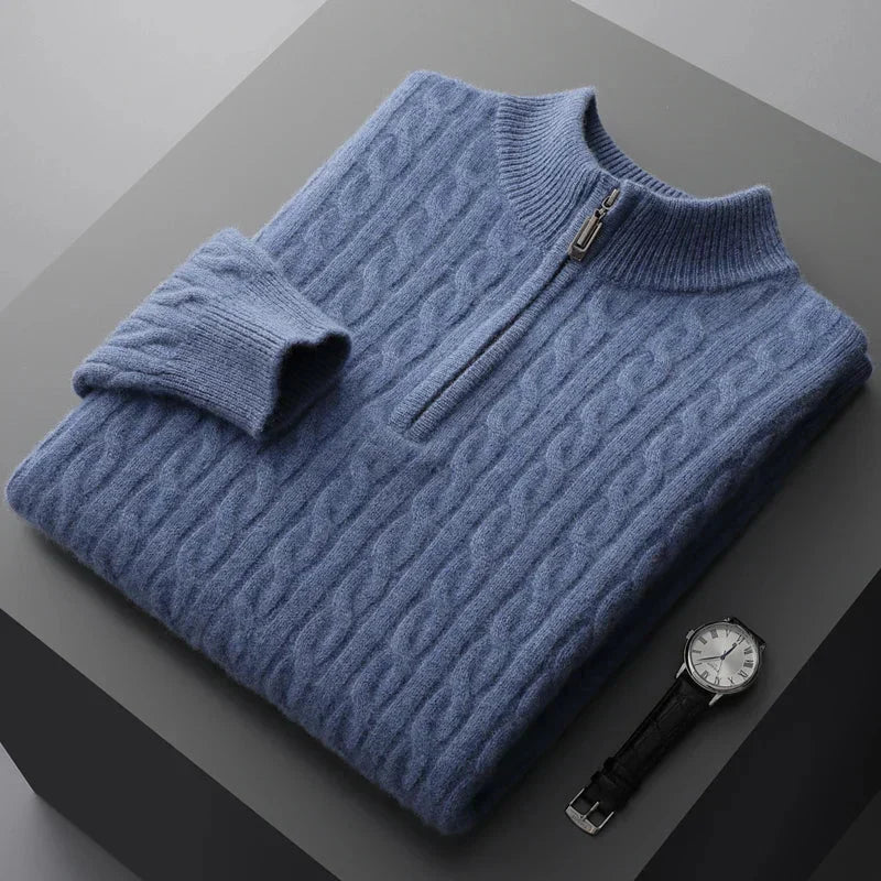 Pullover mit Viertelreißverschluss – Zopfmuster – Pullover – Strickpullover – Herrenpullover mit halbem Reißverschluss-Blau-S-Chaps Herrenmode