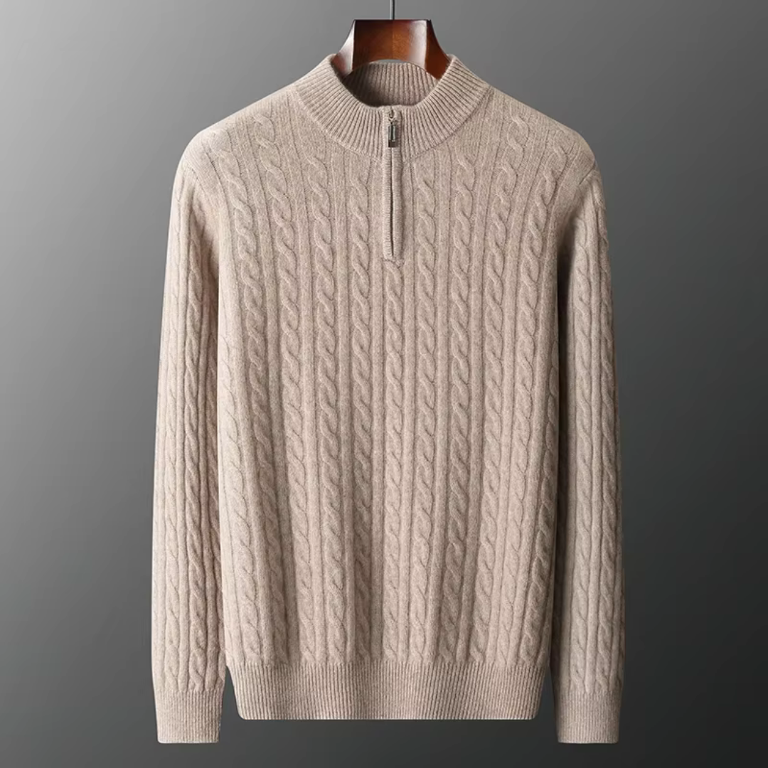 Herren Strickpullover Viertelreißverschluss Zopfmuster Grau - Eveloria