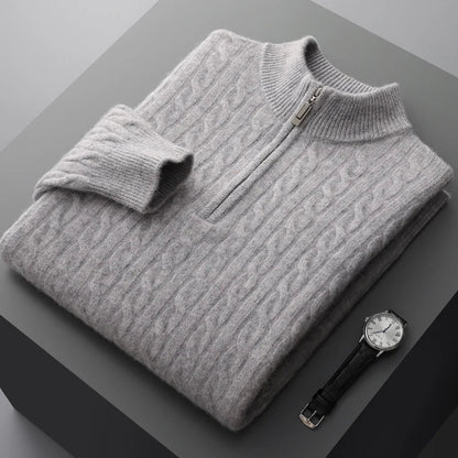 Pullover mit Viertelreißverschluss – Zopfmuster – Pullover – Strickpullover – Herrenpullover mit halbem Reißverschluss-Grau-S-Chaps Herrenmode