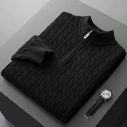 Pullover mit Viertelreißverschluss – Zopfmuster – Pullover – Strickpullover – Herrenpullover mit halbem Reißverschluss-Schwarz-S-Chaps Herrenmode