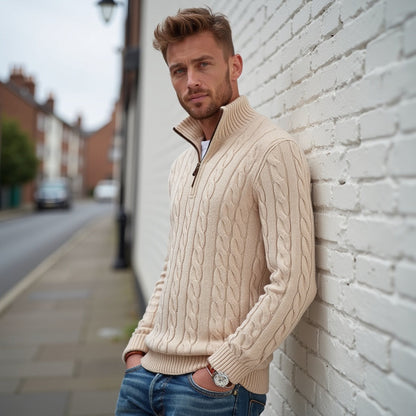 Pullover mit Viertelreißverschluss – Zopfmuster – Strickware – Polo-Pullover – Herren-Pullover mit halbem Reißverschluss-Aprikose-S-Chaps Herrenmode