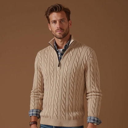 Herren Polo-Pullover Viertelreißverschluss Zopfmuster Strickware - Eveloria