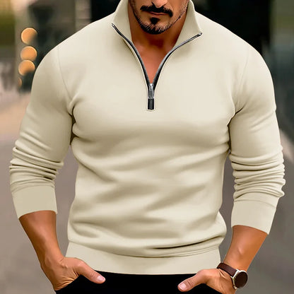 Pullover mit halbem Reißverschluss | Lässig | Warm | Sweatshirt mit halbem Reißverschluss | Herrenpullover mit Viertelreißverschluss-Beige-S-Chaps Herrenmode